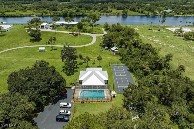 bird's eye view with a water view