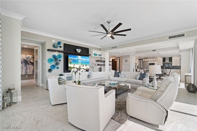 living room featuring ornamental molding and ceiling fan