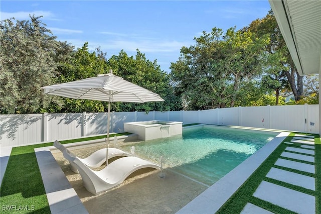 view of swimming pool featuring an in ground hot tub