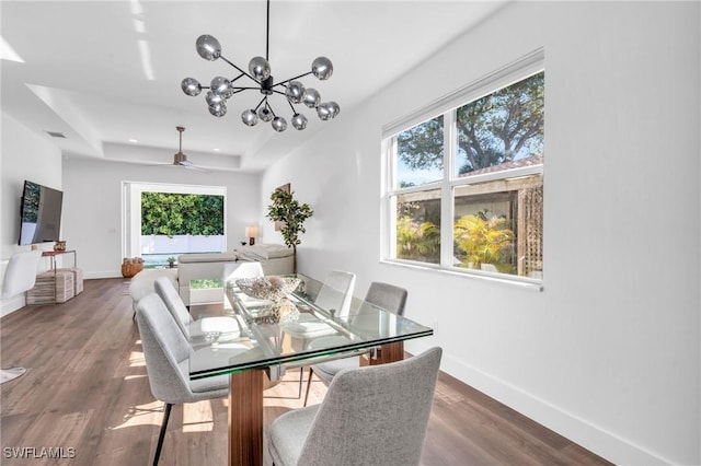 dining space featuring hardwood / wood-style flooring, a tray ceiling, and a wealth of natural light