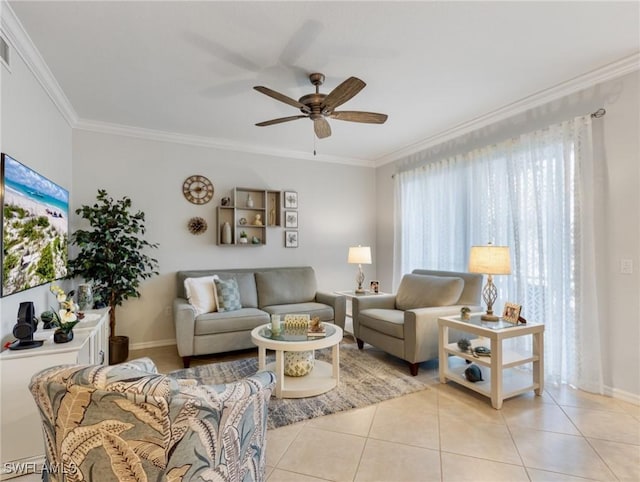 living room featuring crown molding, light tile patterned flooring, and ceiling fan