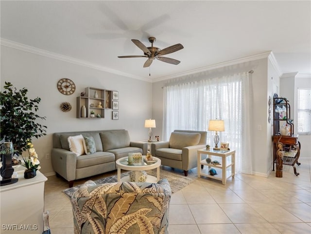 living room with light tile patterned flooring, ceiling fan, and ornamental molding