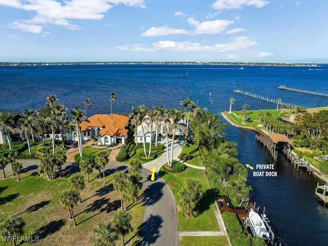 drone / aerial view featuring a water view