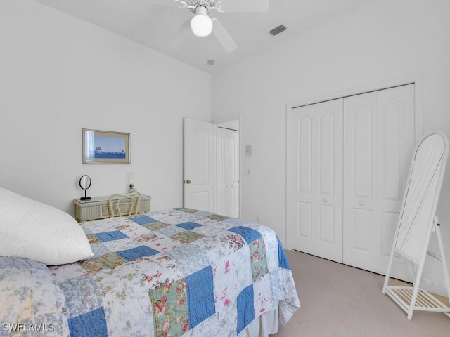 carpeted bedroom with ceiling fan