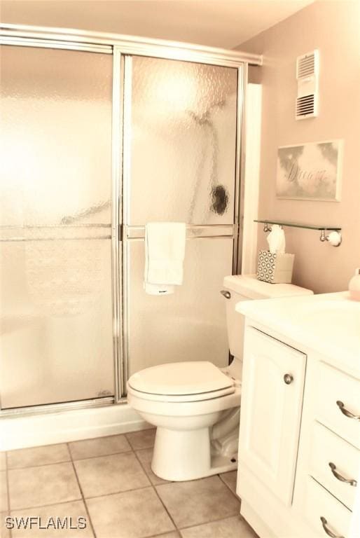 full bathroom with toilet, tile patterned flooring, visible vents, and a shower stall