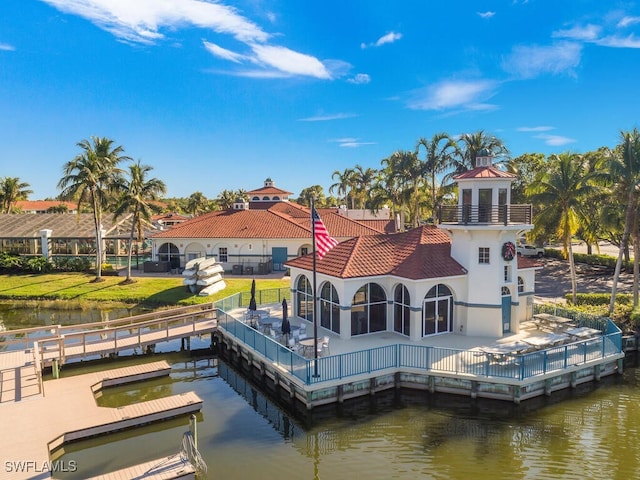 rear view of house with a patio and a water view