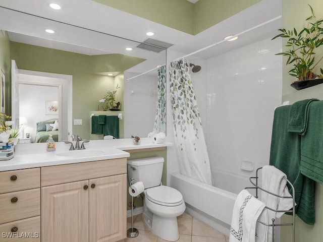 full bathroom with toilet, vanity, shower / bathtub combination with curtain, and tile patterned flooring