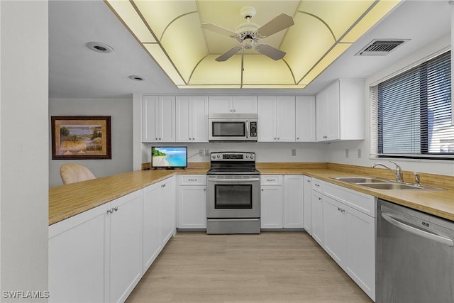 kitchen with white cabinetry, appliances with stainless steel finishes, a raised ceiling, and sink