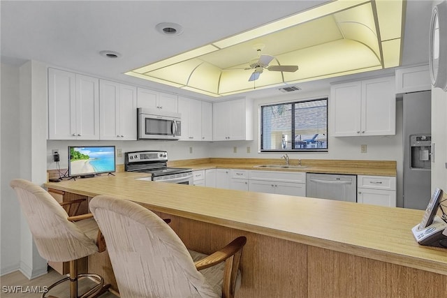 kitchen with white cabinetry, stainless steel appliances, kitchen peninsula, and a raised ceiling