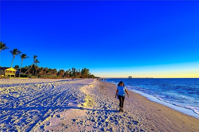 surrounding community with a water view and a view of the beach