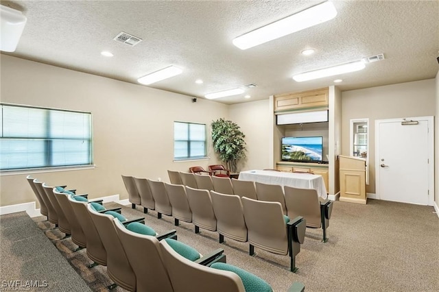 home theater room featuring carpet floors and a textured ceiling