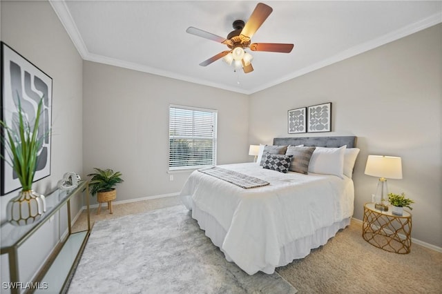 bedroom featuring ceiling fan, light colored carpet, and ornamental molding