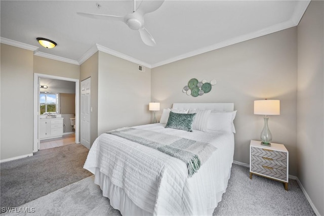 carpeted bedroom with connected bathroom, crown molding, and ceiling fan