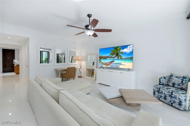 living room featuring ceiling fan