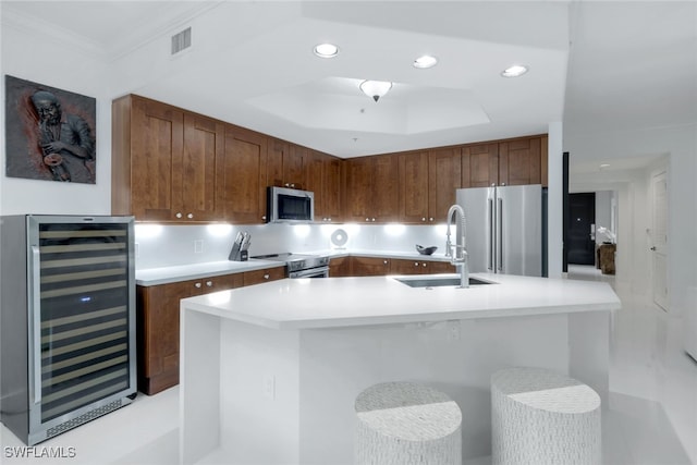 kitchen with sink, stainless steel appliances, a tray ceiling, a kitchen bar, and beverage cooler