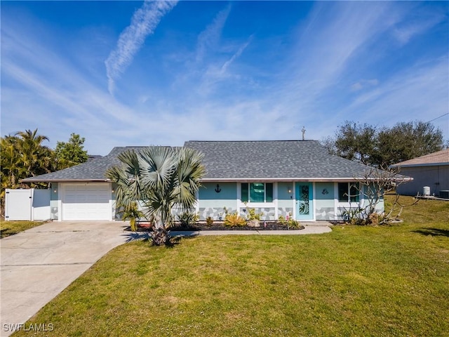 ranch-style home featuring a garage and a front yard