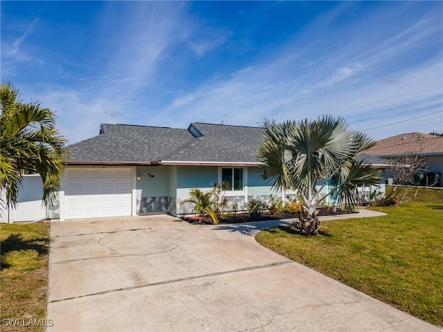 single story home featuring a garage and a front lawn