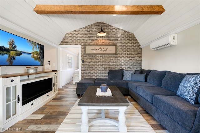 living room with vaulted ceiling with beams, wood ceiling, a wall unit AC, brick wall, and hardwood / wood-style floors