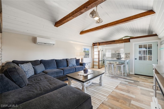 living room with vaulted ceiling with beams, a wall mounted AC, wood ceiling, and light wood-type flooring