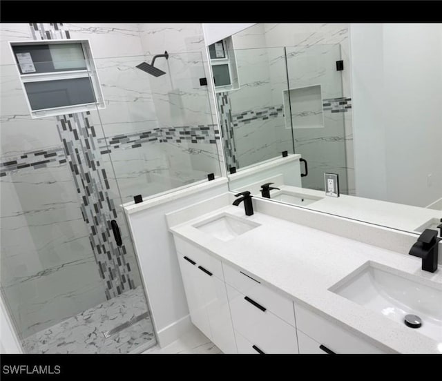 2704 15th St SW, Lehigh Acres, FL 33976 - full bathroom with a shower stall, marble finish flooring, and double vanity