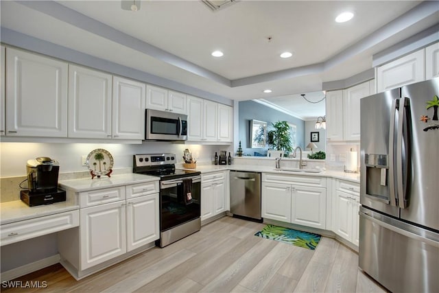 kitchen featuring white cabinetry, stainless steel appliances, light hardwood / wood-style floors, and sink