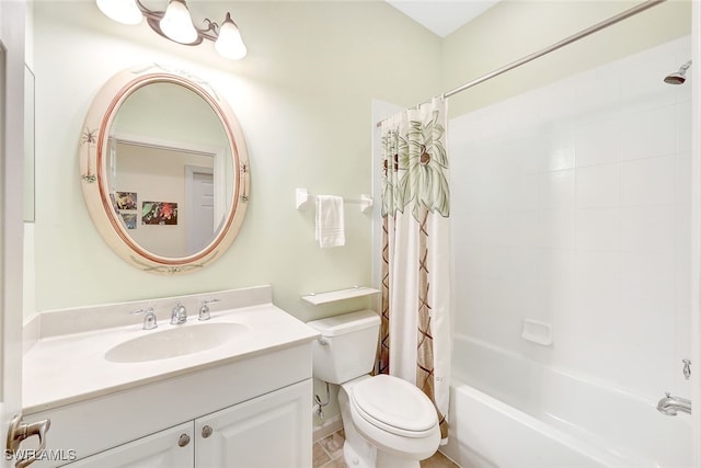 full bathroom featuring vanity, shower / tub combo with curtain, and toilet