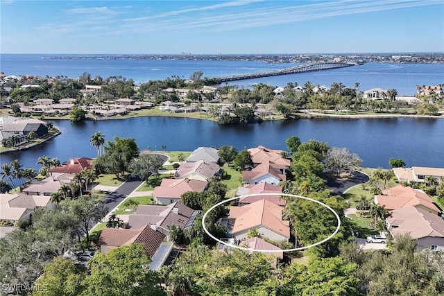 aerial view featuring a water view