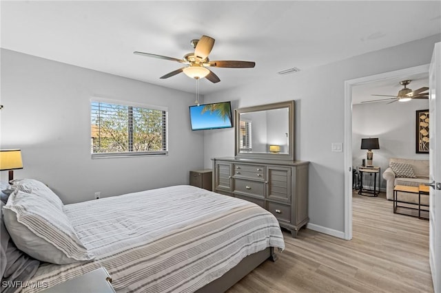 bedroom featuring ceiling fan and light hardwood / wood-style floors