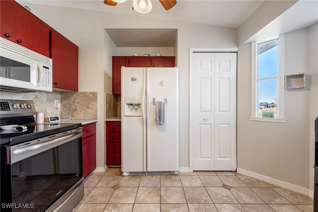 kitchen with white appliances, decorative backsplash, ceiling fan, and light tile patterned flooring