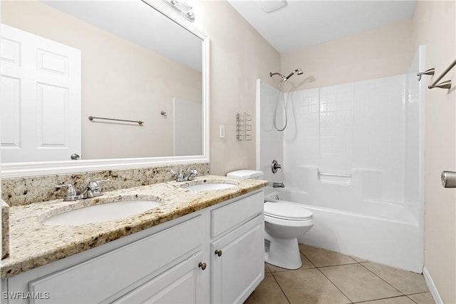 full bathroom featuring tile patterned flooring, bathing tub / shower combination, vanity, and toilet