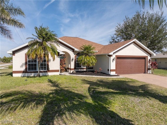 ranch-style house with a garage and a front lawn