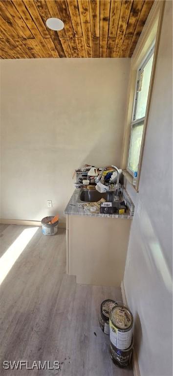 bathroom featuring hardwood / wood-style floors and wood ceiling