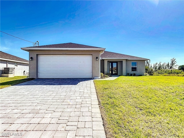 ranch-style house featuring a garage, a front lawn, decorative driveway, and stucco siding