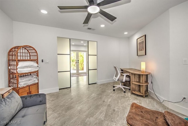 office area featuring ceiling fan and french doors