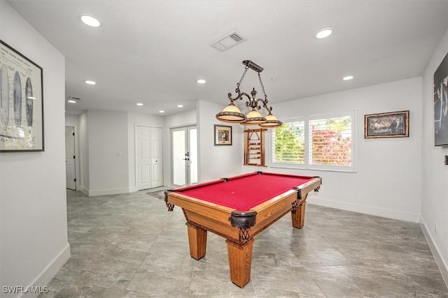 recreation room featuring french doors and pool table