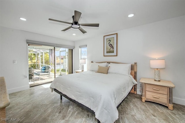 bedroom featuring ceiling fan and access to outside