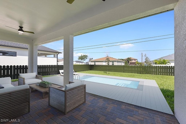 view of patio / terrace featuring ceiling fan and outdoor lounge area