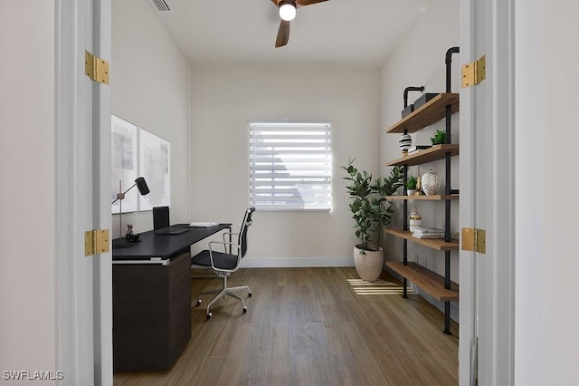 home office with ceiling fan and light hardwood / wood-style flooring