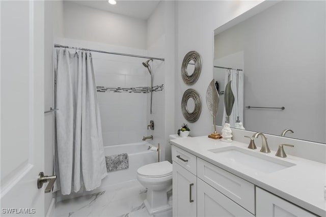 full bathroom with vanity, toilet, and shower / bath combo with shower curtain