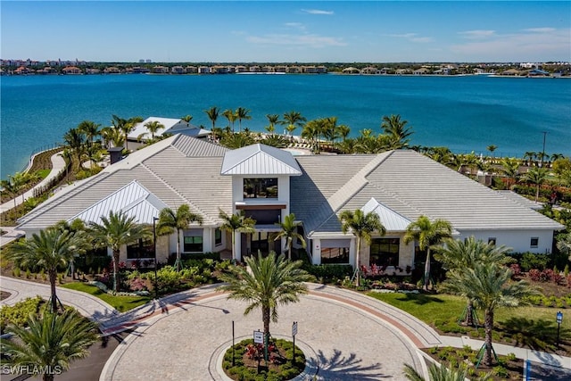 drone / aerial view featuring a water view