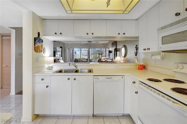 kitchen featuring white cabinetry, sink, ceiling fan, and white appliances