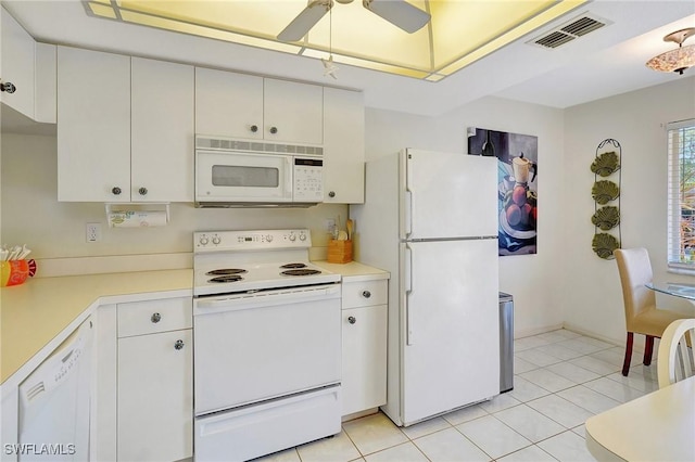 kitchen with white cabinetry, white appliances, ceiling fan, and light tile patterned floors