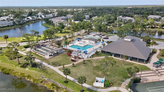 drone / aerial view with a water view