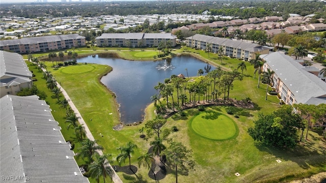 bird's eye view with view of golf course, a water view, and a residential view