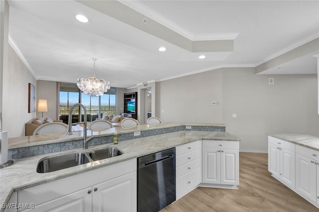 kitchen featuring dishwashing machine, light wood-style flooring, crown molding, and a sink