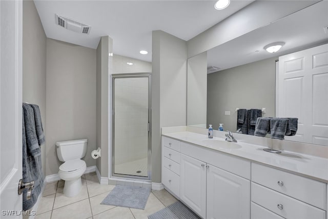 bathroom featuring visible vents, toilet, vanity, a shower stall, and tile patterned floors