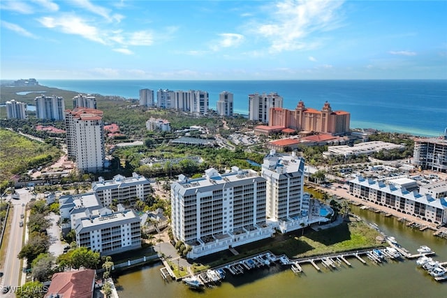 aerial view with a view of city and a water view