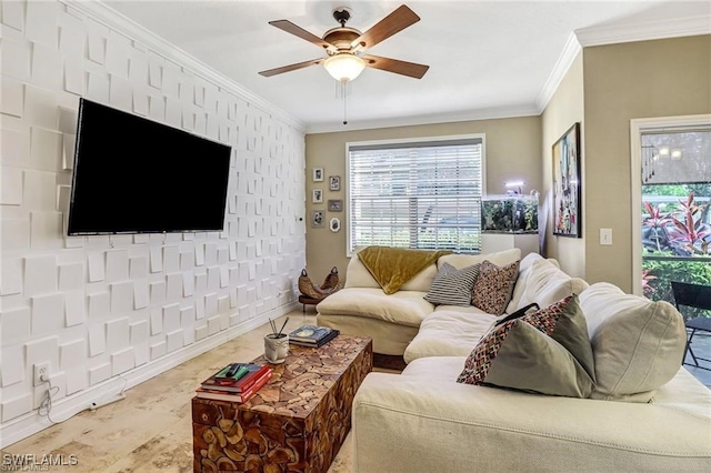 living room featuring crown molding and ceiling fan