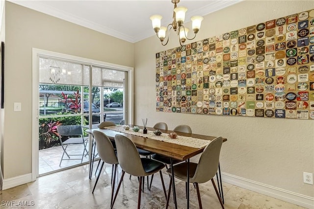 dining room with crown molding and a chandelier