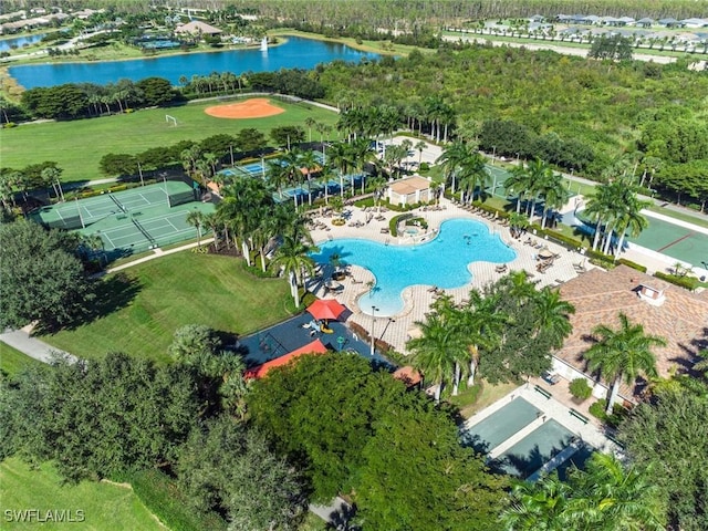 birds eye view of property featuring a water view